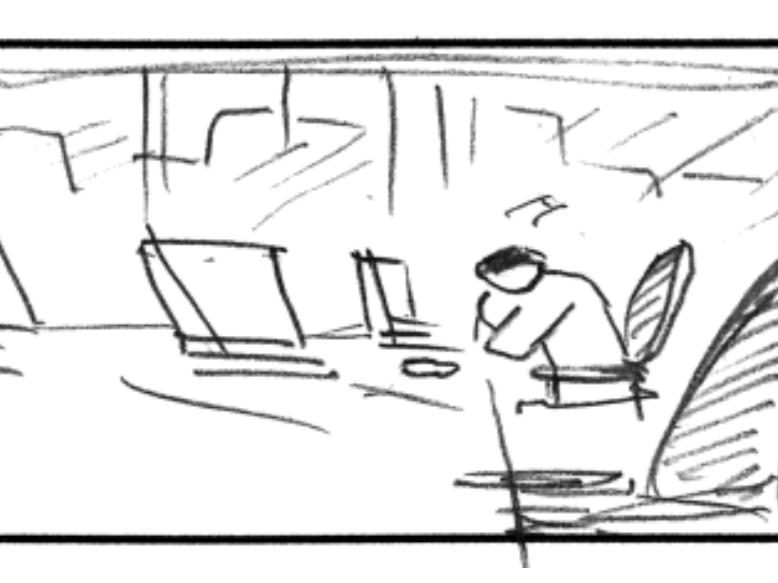 窓越しの夜景を背に、デスクで集中する男性の絵コンテ